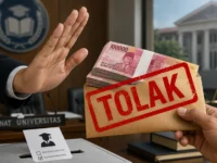 Ilustrasi tangan menolak amplop berisi uang dengan cap merah “TOLAK” sebagai simbol penolakan politik uang dalam Pilrek UPR 2026–2030.