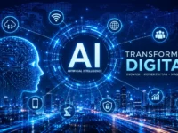 Ilustrasi teknologi EDGE Artificial Intelligence (AI) dengan jaringan digital yang melambangkan transformasi digital