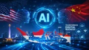 Ilustrasi teknologi kecerdasan buatan AI menggambarkan transformasi digital dan persaingan teknologi global antara Amerika Serikat dan China.
