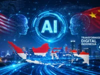 Ilustrasi teknologi kecerdasan buatan AI menggambarkan transformasi digital dan persaingan teknologi global antara Amerika Serikat dan China.