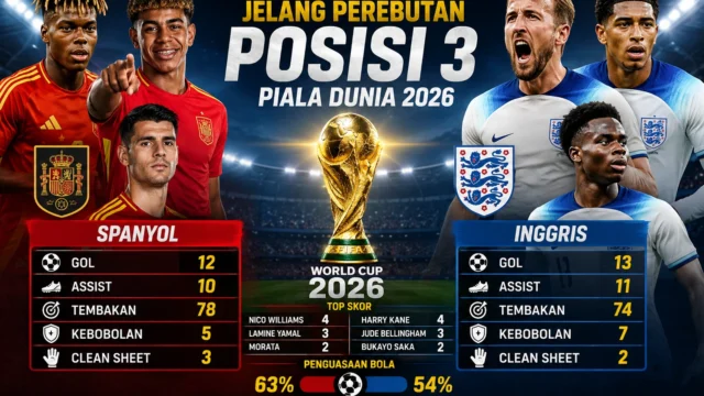 Ilustrasi trofi Piala Dunia 2026 dengan bendera Spanyol dan Inggris menjelang laga perebutan posisi ketiga.