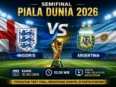 Ilustrasi trofi Piala Dunia 2026 dengan bendera dan lambang Inggris serta Argentina menjelang pertandingan semifinal.