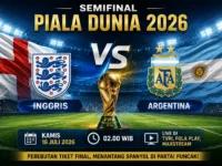 Ilustrasi trofi Piala Dunia 2026 dengan bendera dan lambang Inggris serta Argentina menjelang pertandingan semifinal.