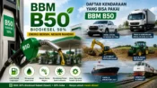 Infografis BBM B50 Biodiesel 50 persen menampilkan mobil diesel, truk, alat berat, traktor, kapal, dan kereta api sebagai kendaraan yang bisa memakai B50.