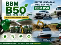 Infografis BBM B50 Biodiesel 50 persen menampilkan mobil diesel, truk, alat berat, traktor, kapal, dan kereta api sebagai kendaraan yang bisa memakai B50.