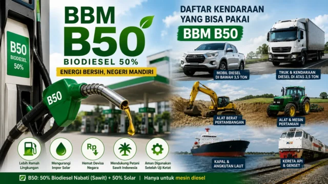 Infografis BBM B50 Biodiesel 50 persen menampilkan mobil diesel, truk, alat berat, traktor, kapal, dan kereta api sebagai kendaraan yang bisa memakai B50.