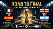 Jadwal, statistik, dan prediksi 4 besar Piala Dunia 2026 dengan laga Prancis vs Spanyol dan Inggris vs Argentina.