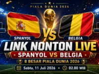 Link nonton Spanyol vs Belgia live 8 besar Piala Dunia 2026 melalui kanal resmi TVRI, TVRI Sport, FolaPlay, dan MAXStream TV.