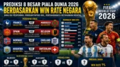 Prediksi 8 besar Piala Dunia 2026 berdasarkan win rate negara, dengan Argentina, Prancis, Inggris, dan Spanyol sebagai unggulan.