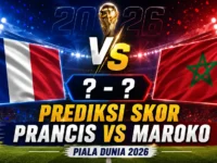 Prediksi skor Prancis vs Maroko di babak 8 besar Piala Dunia 2026 dengan prediksi 2-1 untuk Prancis.