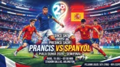 Infografis prediksi skor pertandingan semifinal Piala Dunia 2026 antara Prancis vs Spanyol yang berlangsung di Stadion Dallas, Arlington.