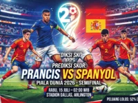 Infografis prediksi skor pertandingan semifinal Piala Dunia 2026 antara Prancis vs Spanyol yang berlangsung di Stadion Dallas, Arlington.