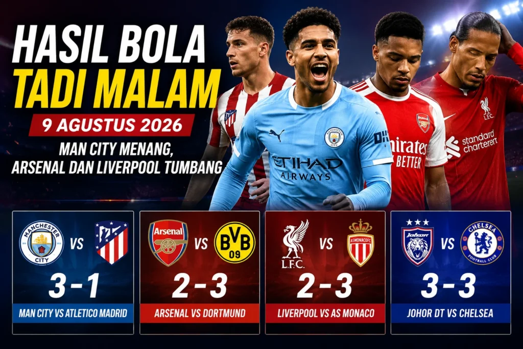 Hasil Bola Tadi Malam 9 Agustus 2026: Man City Menang, Arsenal dan Liverpool Tumbang