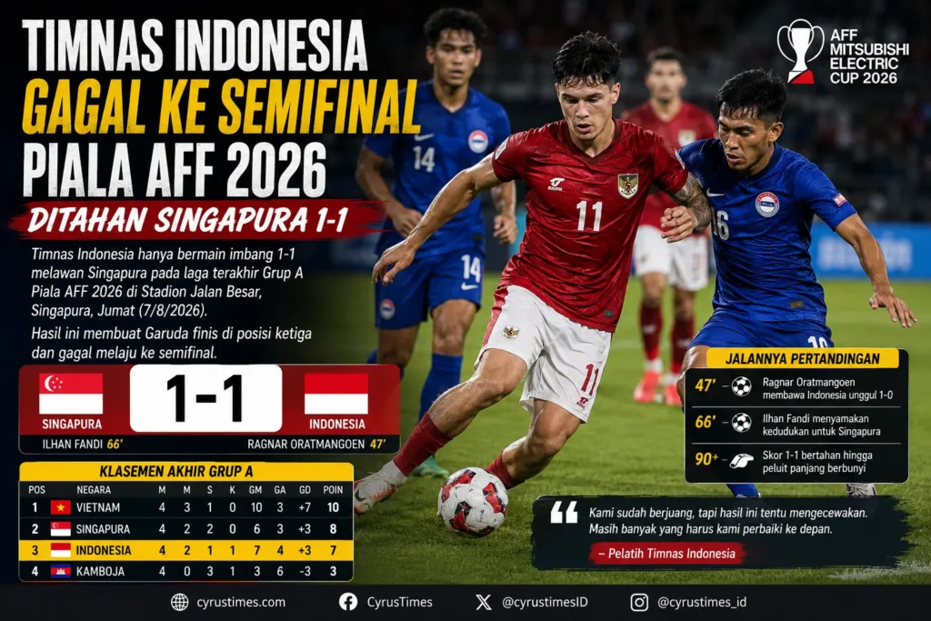 Timnas Indonesia Gagal ke Semifinal Piala AFF 2026, Ditahan Singapura 1-1