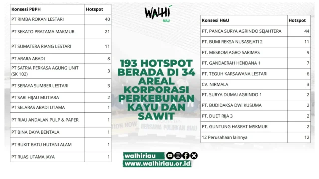 Infografis 193 hotspot berada di 34 areal korporasi perkebunan kayu dan sawit di Riau