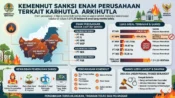 Infografis tentang Kemenhut yang menjatuhkan sanksi kepada enam perusahaan terkait kasus Karhutla di Kalimantan