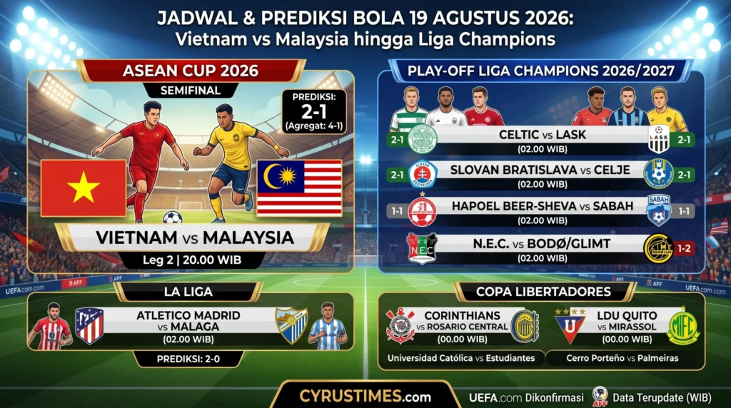 Jadwal & Prediksi Bola Hari Ini 19 Agustus 2026: Vietnam vs Malaysia hingga Liga Champions
