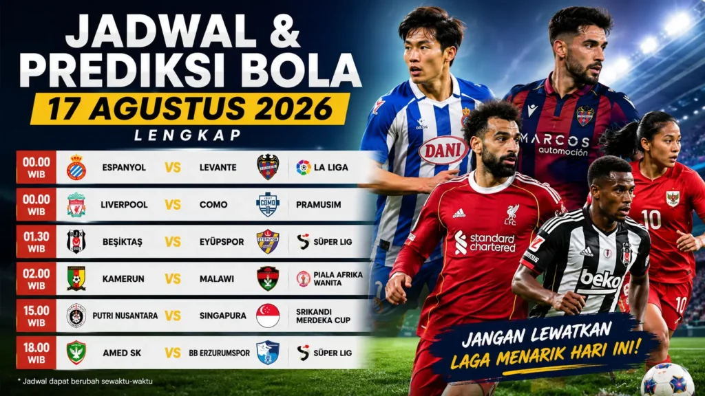 Jadwal & Prediksi Bola Hari Ini 17 Agustus 2026, Lengkap