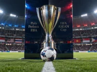 Ilustrasi trofi Piala Perbara FIFA atau FIFA ASEAN Cup di stadion sepak bola dengan bendera negara Asia Tenggara