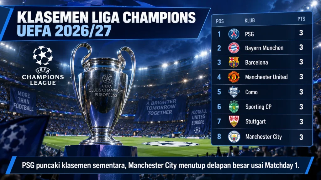 Klasemen Liga Champions 2026/27: PSG Puncak, Man City Kedelapan