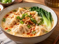 Pangsit kuah creamy dengan isian ayam dan chili oil