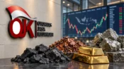 Logo OJK dengan mineral strategis dan layar perdagangan Bursa Mineral dan Komoditas Strategis.