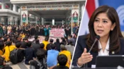 Kolase demonstrasi kabut asap Kalteng dan ilustrasi Menkomdigi Meutya Hafid terkait pembatasan konten karhutla.