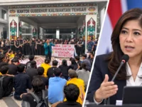 Kolase demonstrasi kabut asap Kalteng dan ilustrasi Menkomdigi Meutya Hafid terkait pembatasan konten karhutla.