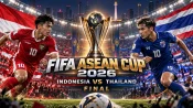 Ilustrasi final FIFA ASEAN Cup 2026 Indonesia vs Thailand di Stadion Utama Gelora Bung Karno Jakarta.