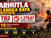 Infografis BPBD Kota Palangka Raya mencatat 782 kejadian karhutla dan 1.379,67 hektare lahan terbakar hingga 4 Oktober 2026.