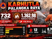 Karhutla Palangka Raya mencapai 732 kejadian dan 1.362,98 hektare lahan terbakar hingga 30 September 2026.